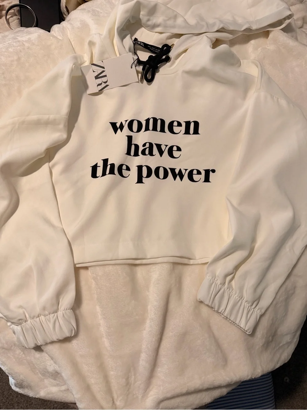 Zara Women Have The Power Graphic Hoodie NWT White Size L
